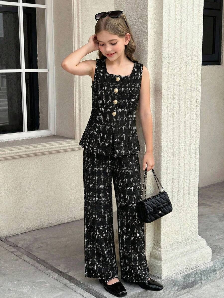 SHEIN Bộ đồ 2 món thanh lịch cho bé gái tuổi teen: áo không tay kẻ caro đen trắng và quần ống rộng. - màu đen - Xem 1