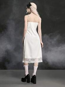 ROMWE Spring/SummergraphicwhiteGothic Lolita Style Keyhole Print & Lace Trim Fitted Mini Dress For Women, Spring/Summer - White - View 3