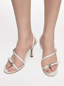 Mnmlis 女士圆头搭扣性感粘跟PU后跟带扣前卫时尚罗马凉鞋 - 白色 - 查看 8