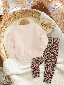SHEIN Happikins 2pcs Baby Girl Cream Leopard Print Bow Graphic Sweatshirt And Leggings Set,Coffee Brown,Autumn,Cute Modest,Family Matching Casual Outfits - Multicolor - View 3