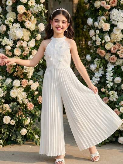 1 pieza Mono elegante de tela tejida para niñas preadolescentes con decoración floral 3D de cuentas lujosas personalizadas, cierre de cremallera en la espalda, bajo plisado, cuello halter, mono ajustado para uso diario, fiestas y ocasiones casuales