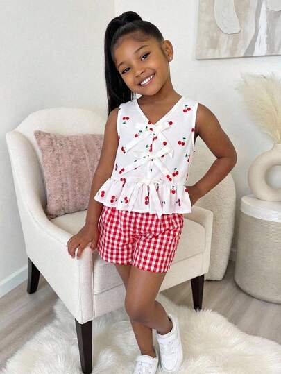2pcs/Set Young Girls Cherry Shirt Vest + Red Plaid Loose Shorts, Casual Daily Fashion Versatile Outfit For Outing, Gathering, Matching With Sisters