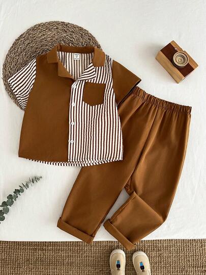 LMoss Kids 2pcs/Set Boys' Casual Loose Fit Striped Shirt And Shorts Set, Fashionable Korean Style Suitable For Daily Wear, Sports, Outdoor, School In Spring/Summer, Boys Brown 2 Piece Set, Gentlemanly Style Outfit