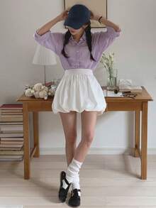 DAZY 少女高腰纯色休闲时尚泡泡裙 - 白色 - 查看 2