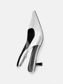 2025秋冬新款女士黑色高跟鞋，4厘米猫跟尖头鞋，派对高跟鞋，正式场合鞋，无后跟套穿式高跟鞋，尖头高跟鞋，优雅 - 銀色 - 查看 9