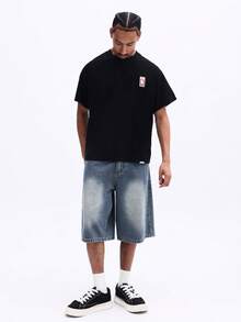 SUMWON Men's Boxy Fit Short Sleeve Crew Neck T-Shirt With Full Back Typography Print And Chest Logo Detail For Casual Streetwear - Black - View 3
