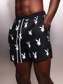 PLAYBOY X SUMWON Bunny Logo Beach Shorts With Drawstring Waistband Summer Swim Trunks For Men - Black - View 1