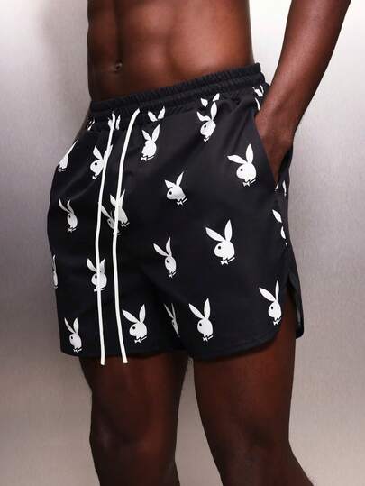 PLAYBOY X SUMWON Quần short đi biển in hình thỏ, có dây rút ở eo, thích hợp cho nam giới, thích hợp mặc mùa hè.