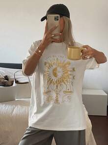 Livesso Cotton Gold Color Loose Casual T-Shirt With Graphic Print, Suitable For Spring And Summer - Beige - View 3