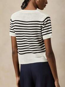 Briarwyn 女士休闲通勤撞色条纹短袖开衫 - 黑與白 - 查看 2