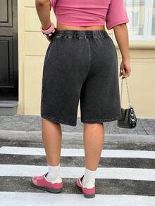 Muchica Plus Size Women's Casual Everyday Commute Fashion Street Drawstring Waist Washed Bermuda Shorts, Summer,Spring Break Outfits,Carnival Women Look 2026,Going Out Outfits, Holiday Outfits,Black - Black - View 2