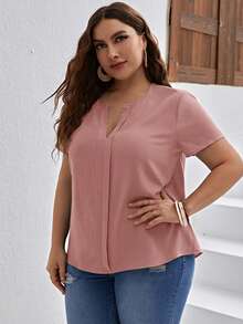 SHEIN Clasi Áo sơ mi nữ cỡ lớn, màu trơn, cổ chữ V, tay ngắn, kiểu dáng thường ngày. - Bụi hồng - Xem 4