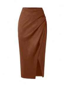 Femmeverse 大码女式法式复古休闲简约舒适日常百搭褶裥前开衩A字裙，高腰显瘦弹力腰高端性感优雅修身OL办公铅笔裙，秋冬款 - 棕色 - 查看 5