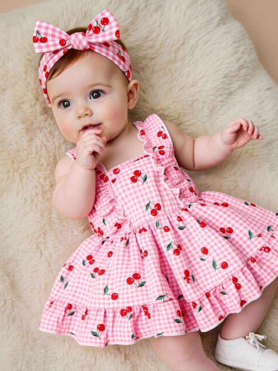 SHEIN Vintaside Kids 2件套新生女宝宝粉色卡通草莓格子连衣裙，配可爱蝴蝶结发带，0-3个月，柔软、弹力、亲肤，荷叶边装饰，适合外出、度假、拍照、春夏穿着。