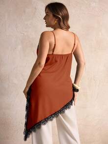 Elegantrix Plus Size Women Urban Casual Lace Asymmetric Hem V-Neck Patchwork Solid Color Camisole - Brown - View 5