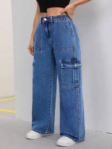 SHEIN ICON Plus Size Women Loose Elastic Waist Washed Denim Cargo Pants - Medium Wash - View 3
