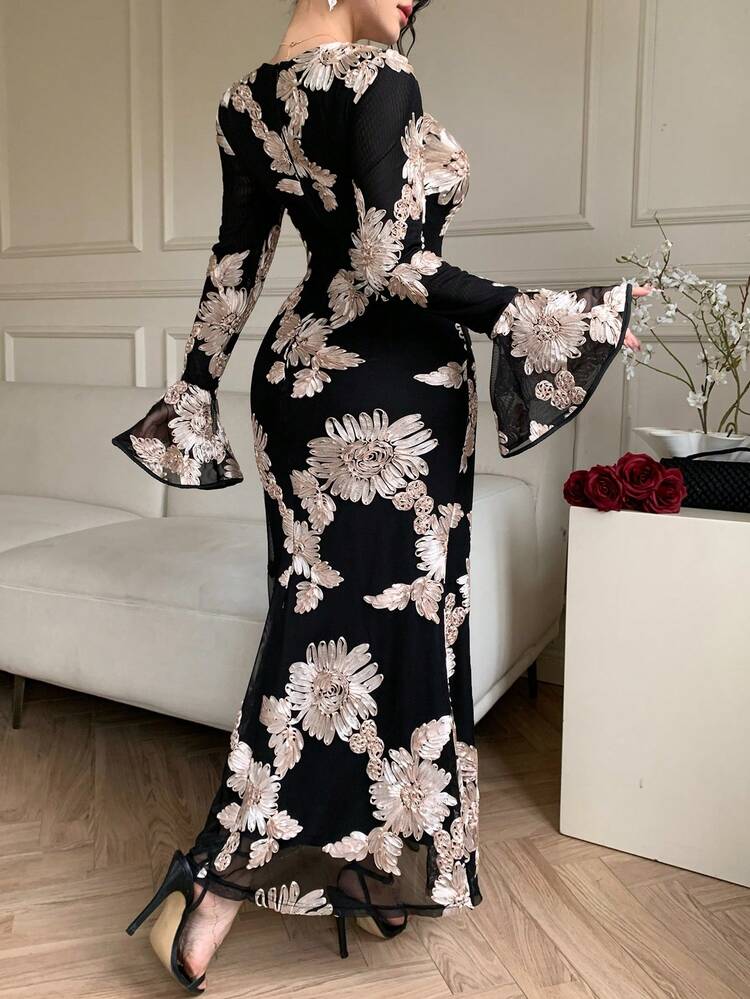 Women's Floral Applique Elegant Fitted Long Sleeve Dress Sundress Summer