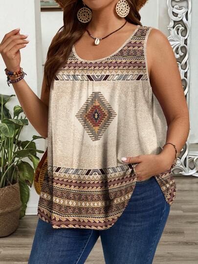 EMERY ROSE Plus Size Floral Print Ruched Loose Camisole And Tank Top, Suitable For Spring/Summer