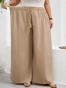 SHEIN CURVE+ Curve 尺码 US22 音乐节、海滨度假、波西米亚风女士纯色宽松长裤，休闲舒适 - 杏色 - 查看 6