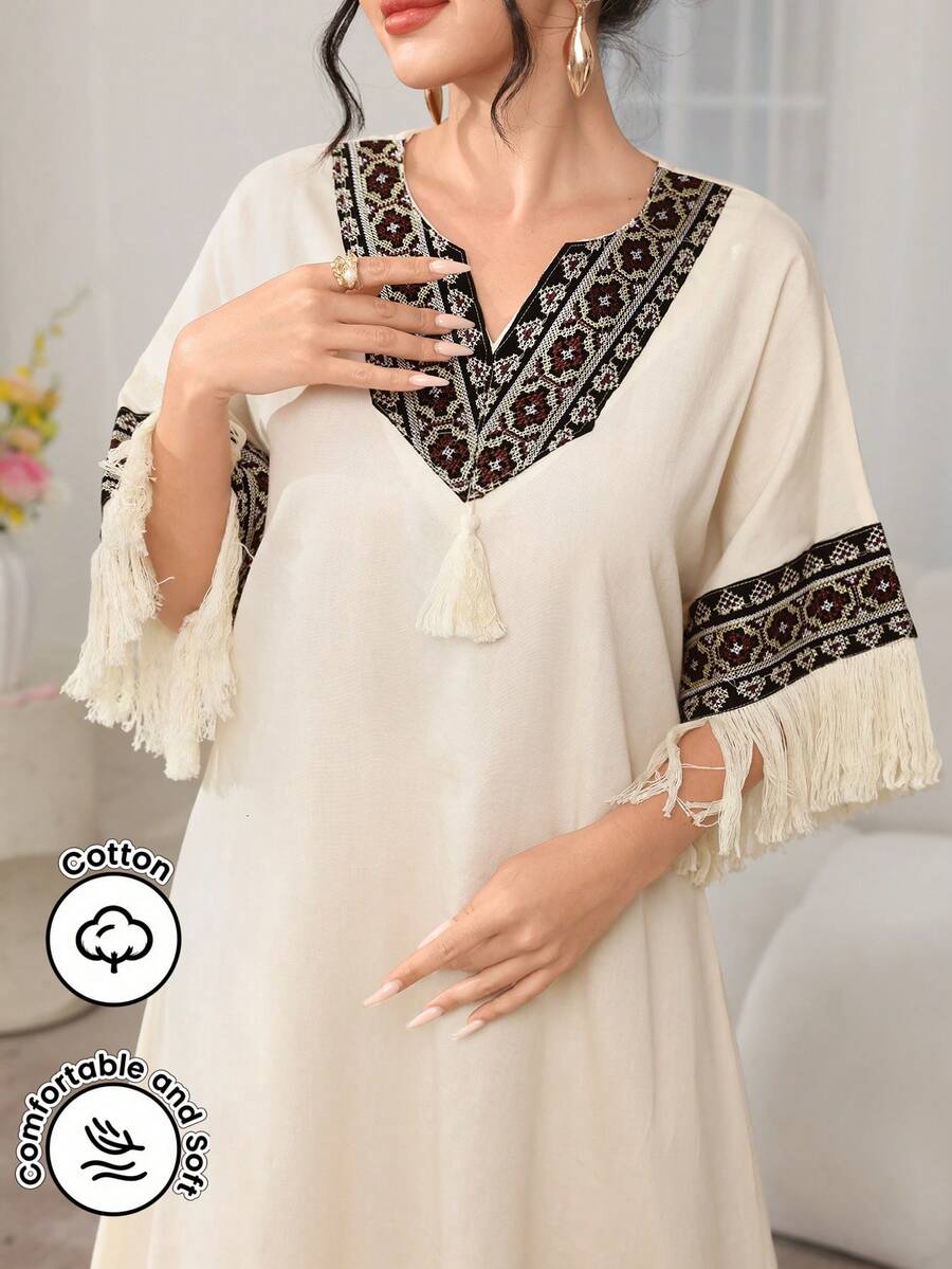 Al Najma New Middle Eastern Vacation Style V-Neck A-Line Long Robe, Turkish Robe - Apricot - View 1