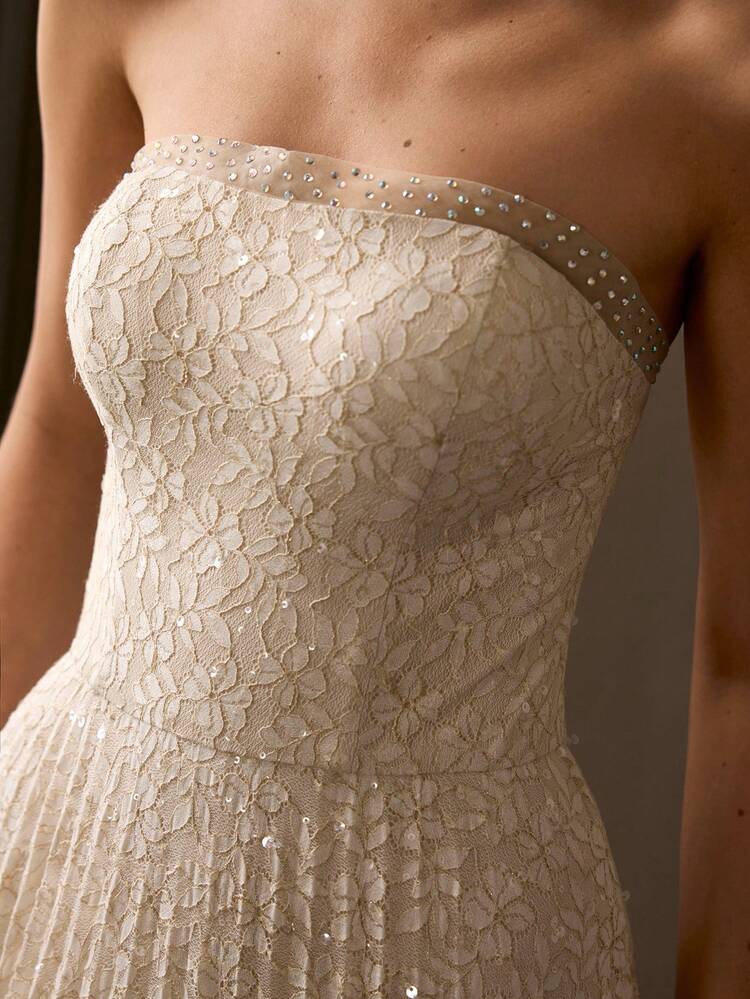 MOTF Soiréza ELEGANT STRAPLESS MAXI PARTY DRESS FOR WOMEN | RHINESTONE EMBELLISHED NECKLINE, PLEATED DRESS IN DELICATE LACE FABRIC, BODYCON FIT FOR NEW YEAR EVENING EVENTS, FORMAL PARTIES & COCKTAIL CELEBRATIONS,SUMMER PARTIES, WEDDINGS, GALAS | STYLE WITH STRAPPY HEELS, DELICATE JEWELRY & CLUTCH BAG