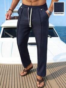 VENTUSAIL 男士抽绳腰带口袋休闲直筒裤，时尚百搭，适合通勤和外出穿着。男士休闲裤，街头风，男士抽绳裤，男士亚麻裤，男士藏蓝色裤子，复古风格，日常休闲，周末旅行，户外活动，探险旅行，轻松的工作环境或半正式场合，男友/丈夫礼物，周年纪念/生日礼物，派对，暑假，新年，婚礼，情人节。 - 藏蓝色 - 查看 6