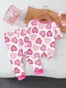 1 Set Pijama de niña bebé con parte superior de manga corta ajustada con estampado de corazones y letras y pantalones con estampado todo sobre, primavera/verano - Rosa - Ver 2