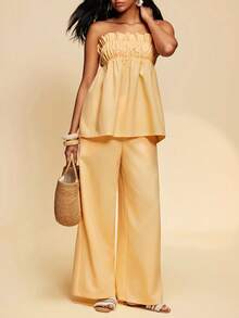 Travachic 2026 New Women's Romantic Vacation Cream Yellow Strapless Loose Top With Ruffle Hem & Long Pants With Pockets - Pale Yellow - View 1