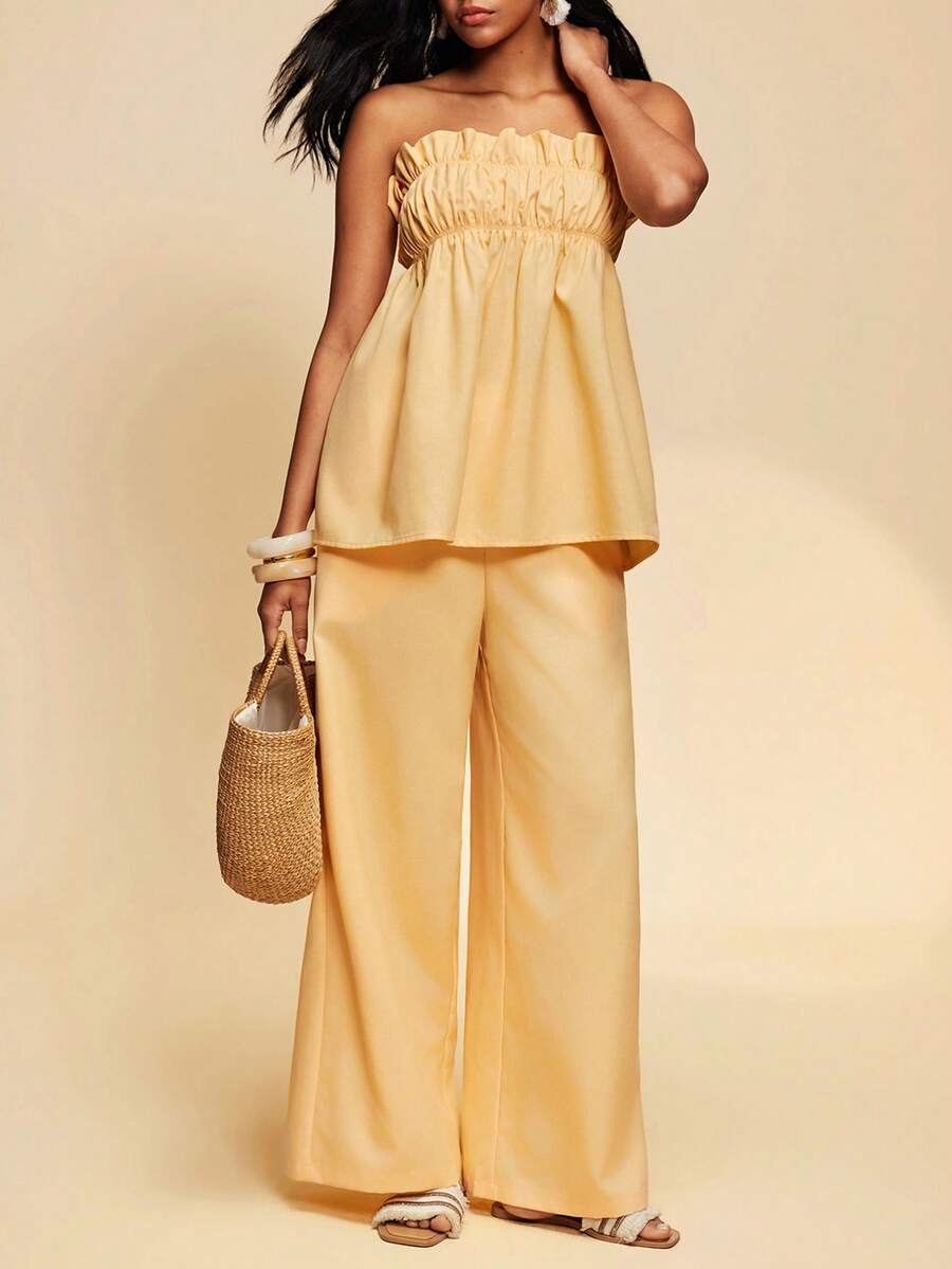 Travachic 2026 New Women's Romantic Vacation Cream Yellow Strapless Loose Top With Ruffle Hem & Long Pants With Pockets - Pale Yellow - View 1