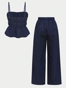SHEIN Tween Girl Solid Color Pleated Camisole Top And Wide Leg Pants Casual Outfit,Kids - Navy Blue - View 2