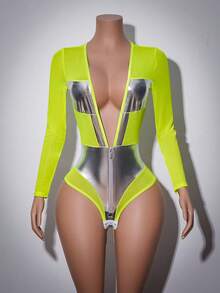 AltCore Y2K Charming Mesh Patchwork Sheer PU Splice Zipper Deep V Women's Jumpsuit, Suitable For Party, Club, Bar - Multicolor - View 5