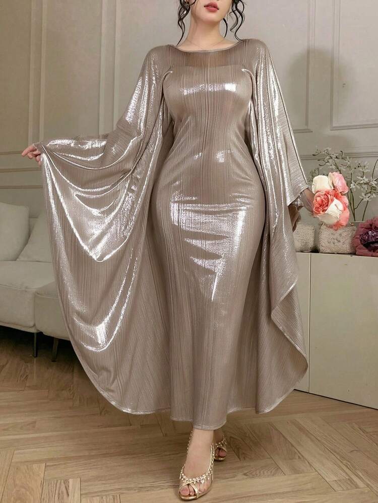 Spring/Summer Shiny Gold Formal Dress, Elegant Trumpet Sleeve Dress For Wedding, Party, Banquet Wedding Guest Dress Sundress