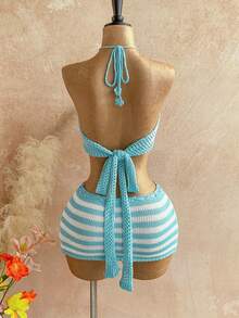 Soleia Women's Solid Color Halter Tie Backless Knit Top And Drawstring Waist Knit Mini Skirt Sexy 2-Piece Set For Vacation & Date - Blue - View 2