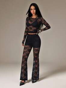 SHEIN PETITE 2pcs Women's Sexy Sheer Black Lace Top And Lace Pants Set, Stylish Design, Spring/Summer Lace Outfit Women Leopard Print Katseye Woman S 2 Piece Outfit Tights Two Piece Set Women Mesh Two Piece Set Lace 2 Piece Set - Black - View 4