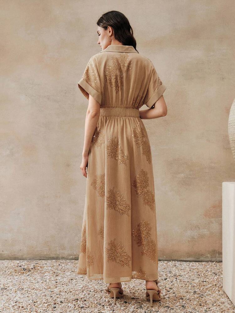 Beige Elegant Embroidered Cinched Waist V-Neck Short Sleeve Long Shirt Dress, Summer Luxury Dress For Women
