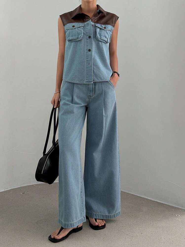 Women's Contrast Color PU Patchwork Lapel Logistics Denim Top And Pleated Loose Wide-Leg Jeans Casual Suit