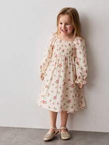 Maija Kids Young Girl Rose Print Puff Sleeve Casual Long Sleeve Dress,Kids - Apricot - View 6