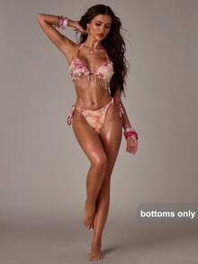 SHEIN BAE 1件装女士亮片拼接系带比基尼泳裤，连体串珠网纱流苏泳衣 - 粉色 - 查看 3