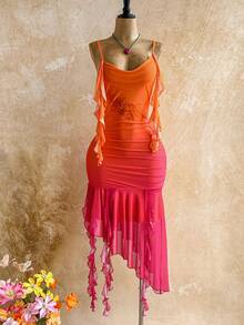 Soleia 女士日落渐变橙色水钻花卉网纱荷叶边连衣裙，适合海滩、邮轮、城市度假、音乐节、波西米亚风、海滩度假村、海岛度假村、海滩假日、音乐节等场合，四季皆宜，日常通勤也适用。 - 亮橙色 - 查看 9