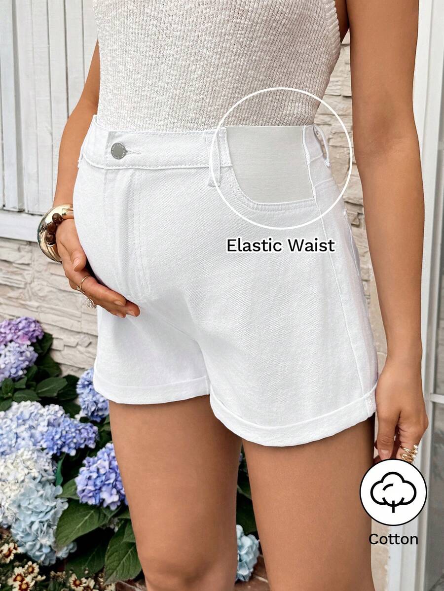 SHEIN Maternity High Waist Rolled Hem Casual Loose Versatile Denim Shorts - White - View 1