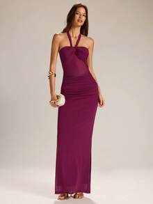 SHEIN BAE 紫色露背系带半透明连衣裙，优雅连衣裙，度假连衣裙，适合毕业季穿着 - 紫色 - 查看 3