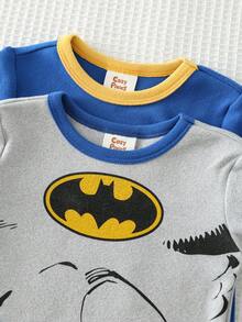 BATMAN X Cozy Pixies 4pcs Young Boy Snug Fit Pajama Set, Cartoon Superhero Pattern Soft Knit Crew Neck Long Sleeve Top And Elastic Waist Long Pants - Grey - View 8