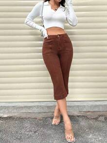 EMERY ROSE Women's Casual Versatile Commuting Denim Capri Pants With Pockets And Buttons - Coffee Brown - View 4