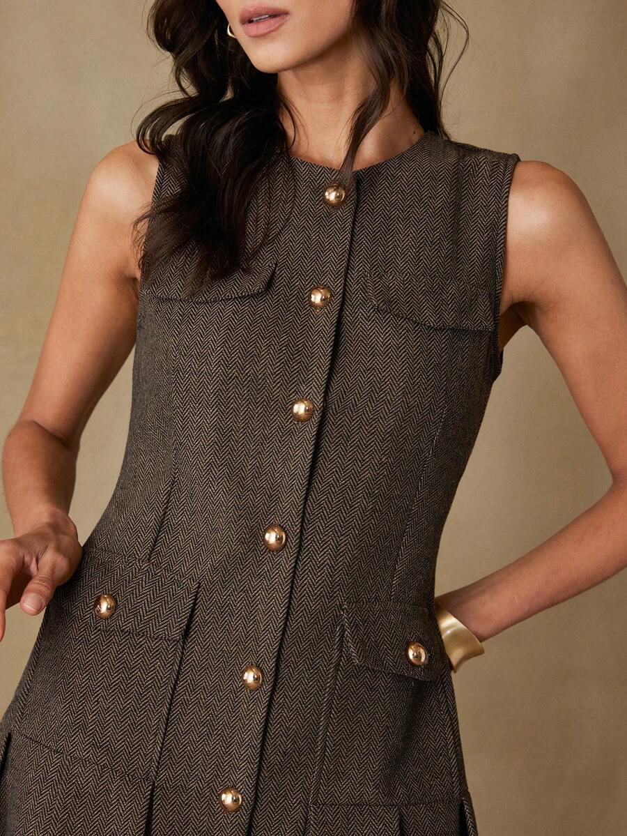 Aveloria Rosie 时尚休闲门襟纽扣翻盖口袋无袖连衣裙 - 彩色 - 查看 1