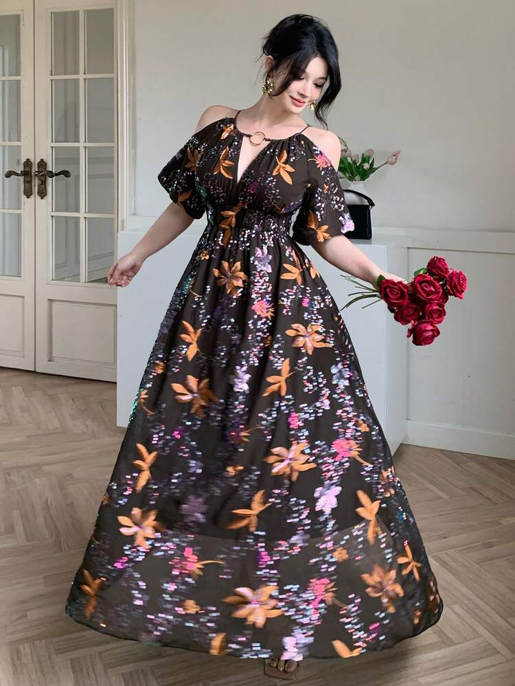 Spring & Summer Sleeveless Dress With Hollow Metal Buckle Decor, Ditsy Floral Chiffon Midi Dress, Elegant For Valentine's Day, Wedding, Party, Casual, Work Sundress Boho