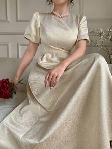 DAZY 女士圆领泡泡袖优雅连衣裙 - 杏色 - 查看 1