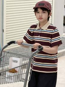 DAZY Camiseta de manga corta con cuarto de botón y rayas para niños preadolescentes en verano - Marrón - Ver 1