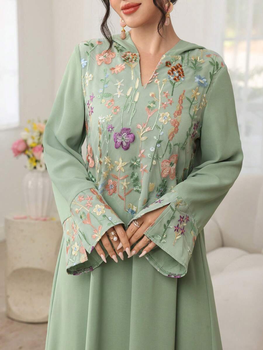 SHEIN Najma Mesh Embroidered Patchwork Flare Sleeve Hooded Green Arabic Style Dress - Green - View 1