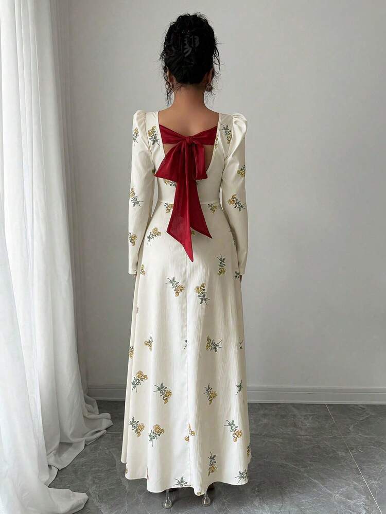 Modelyn Elegant Women's Yellow Floral Long A Line Dress With Square Neck Puff Sleeves And Back Zipper Detail Women's Woven Printed Patchwork Long Fitted Dress Vintage Dresses For Woman Dress Modest Captains Dinner Dress French Dresses For Women Long Dress With Sleeves Women's Elegant Yellow Plant Pattern Long Dress With Square Neck And Puff Extra Long Sleeves Flared Hem Stylish Women's Long A Line Dress Featuring Yellow Floral Print Square Neck And Puff Long Sleeves With Zipper - Yellow - View 2