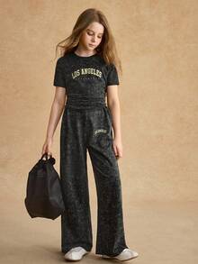 SHEIN Girls' Tee Set,Dark Grey Summer Cute Back-To-School Outfit,Fitted Short Sleeve T-Shirt&Loose Wide Leg Pants,Soft Knit For Casual,Sports,School Wear - Black - View 3